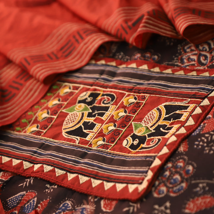 Maurya Raven Black Gajj Embroidered Neck Yoke with Ajrak Print Cotton Suit Set