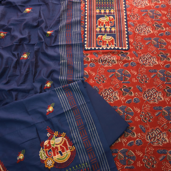 Maurya Berry Red Gajj Embroidered Neck Yoke with Ajrak Print Cotton Suit Set