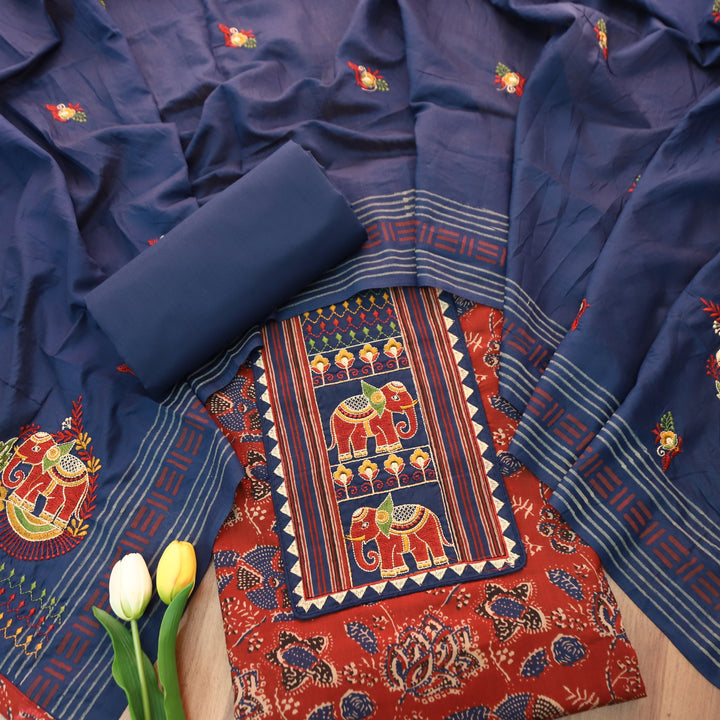 Maurya Berry Red Gajj Embroidered Neck Yoke with Ajrak Print Cotton Suit Set