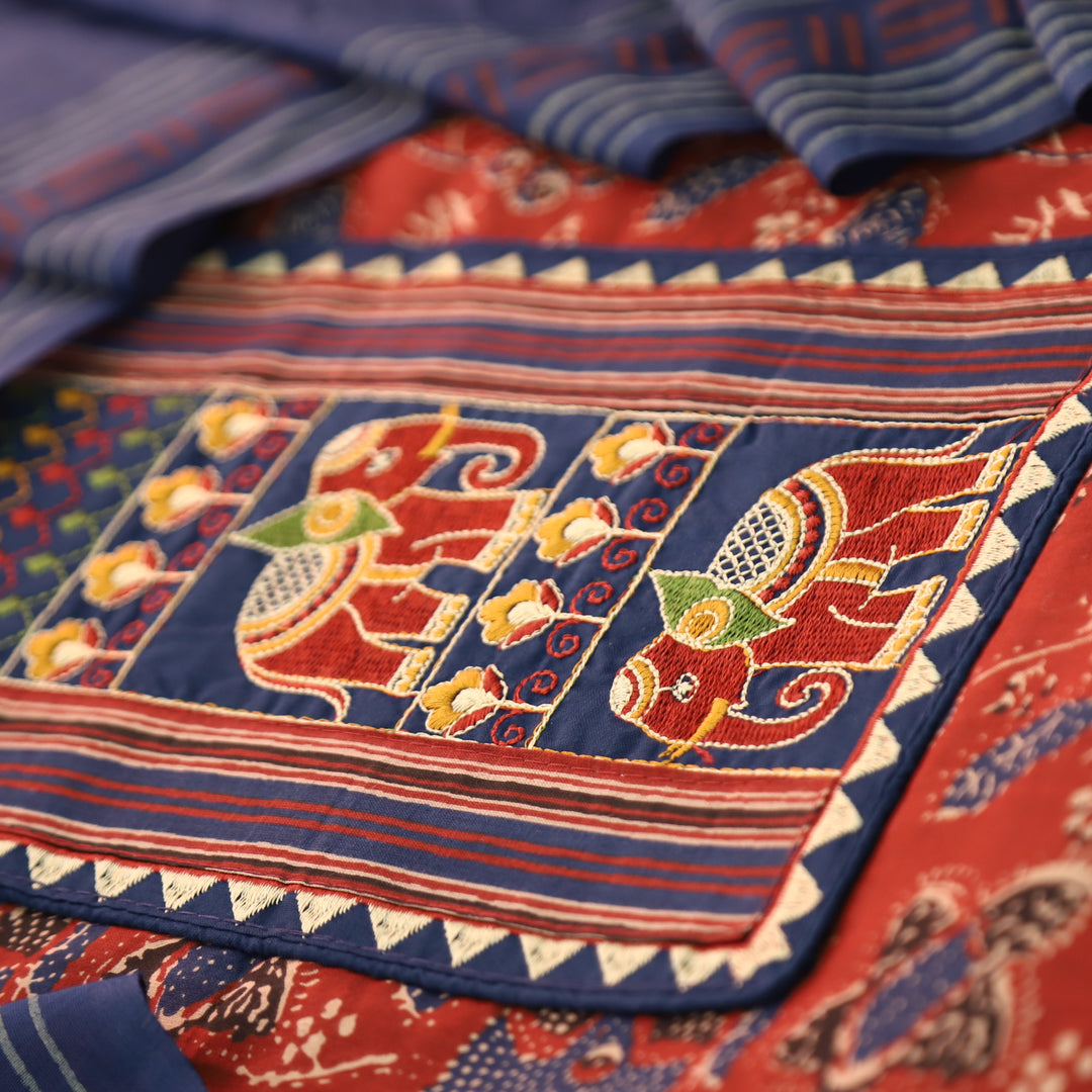 Maurya Berry Red Gajj Embroidered Neck Yoke with Ajrak Print Cotton Suit Set