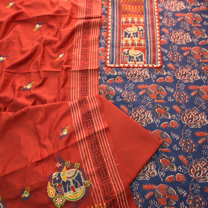 Maurya Denim Blue Gajj Embroidered Neck Yoke with Ajrak Print Cotton Suit Set