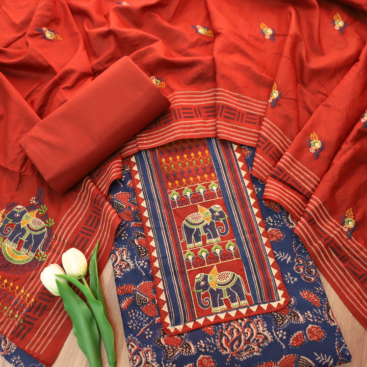 Maurya Denim Blue Gajj Embroidered Neck Yoke with Ajrak Print Cotton Suit Set