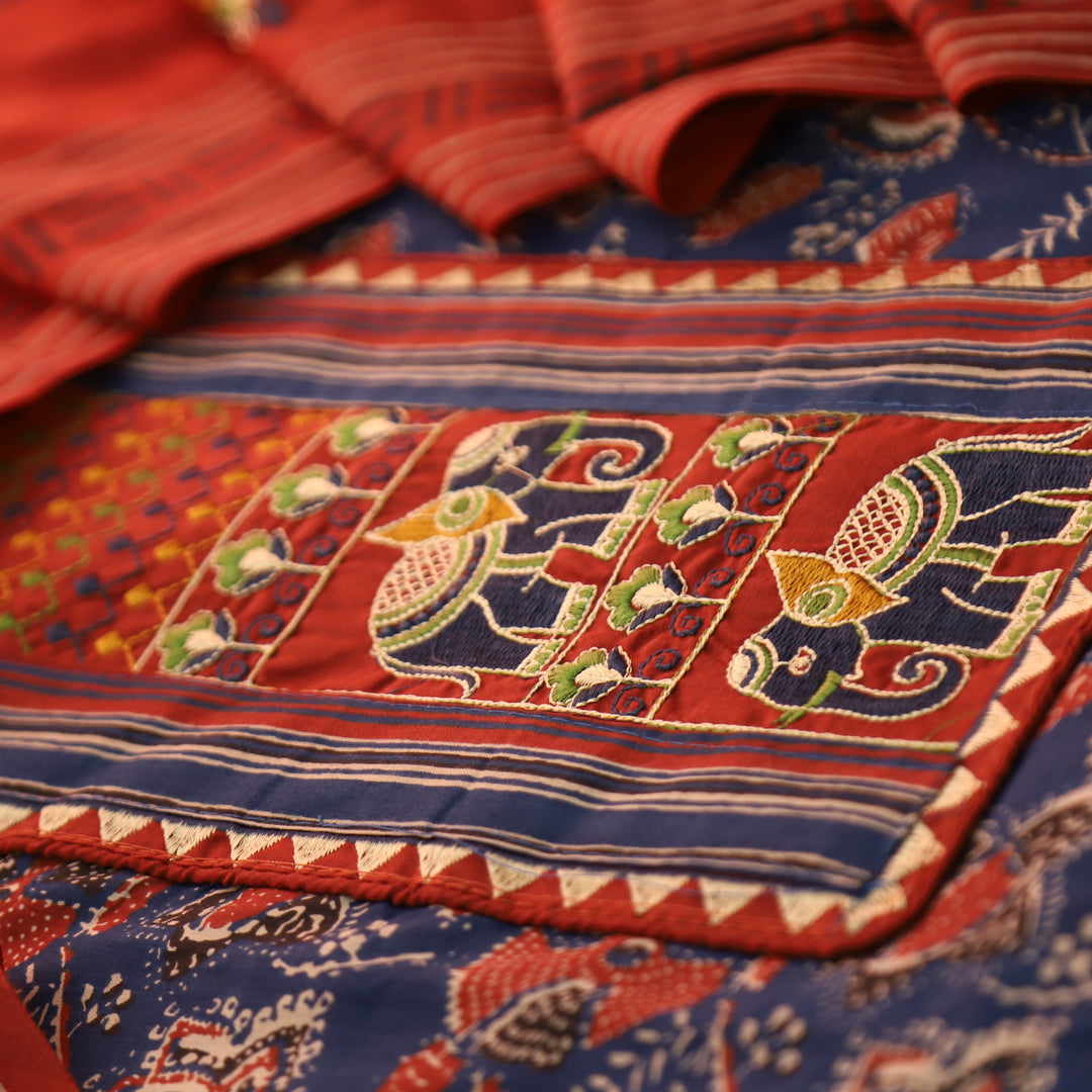 Maurya Denim Blue Gajj Embroidered Neck Yoke with Ajrak Print Cotton Suit Set