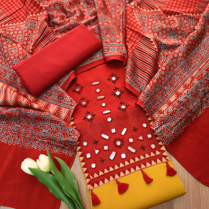Yamuna Dijon Yellow and Red Mirror Work Patch with Hanging Glazed Cotton Suit Set