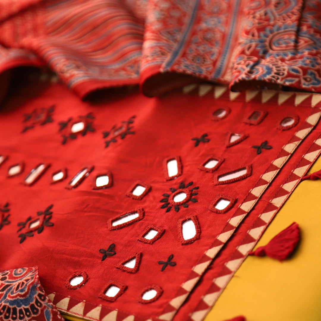 Yamuna Dijon Yellow and Red Mirror Work Patch with Hanging Glazed Cotton Suit Set
