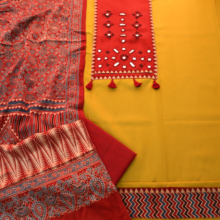 Yamuna Dijon Yellow and Red Mirror Work Patch with Hanging Glazed Cotton Suit Set