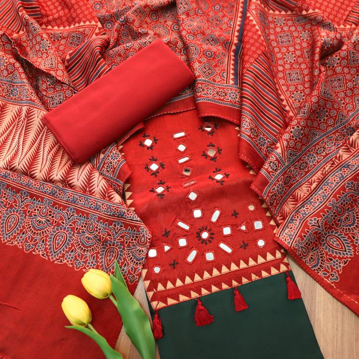 Yamuna Sacramento Green and Red Mirror Work Patch with Hanging Glazed Cotton Suit Set