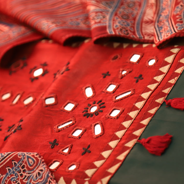 Yamuna Sacramento Green and Red Mirror Work Patch with Hanging Glazed Cotton Suit Set