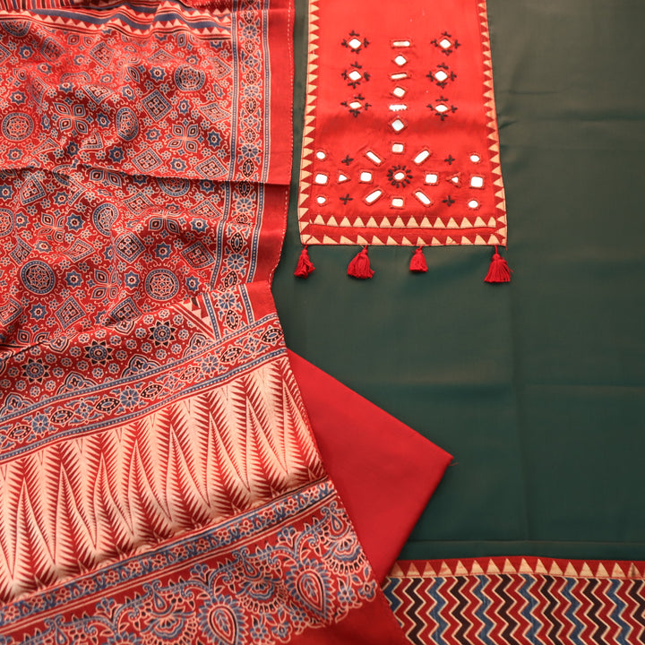 Yamuna Sacramento Green and Red Mirror Work Patch with Hanging Glazed Cotton Suit Set