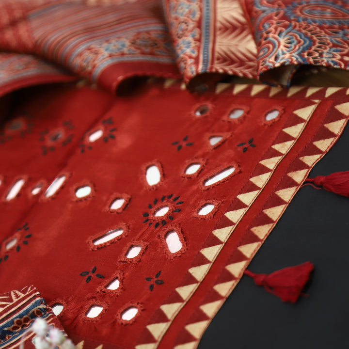 Yamuna Ebony Black and Red Mirror Work Patch with Hanging Glazed Cotton Suit Set