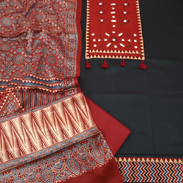 Yamuna Ebony Black and Red Mirror Work Patch with Hanging Glazed Cotton Suit Set