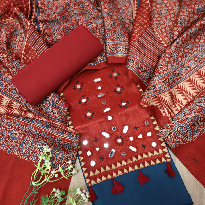 Yamuna Denim Blue and Red Mirror Work Patch with Hanging Glazed Cotton Suit Set