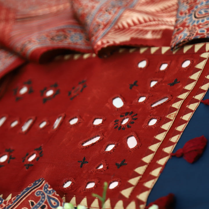 Yamuna Denim Blue and Red Mirror Work Patch with Hanging Glazed Cotton Suit Set
