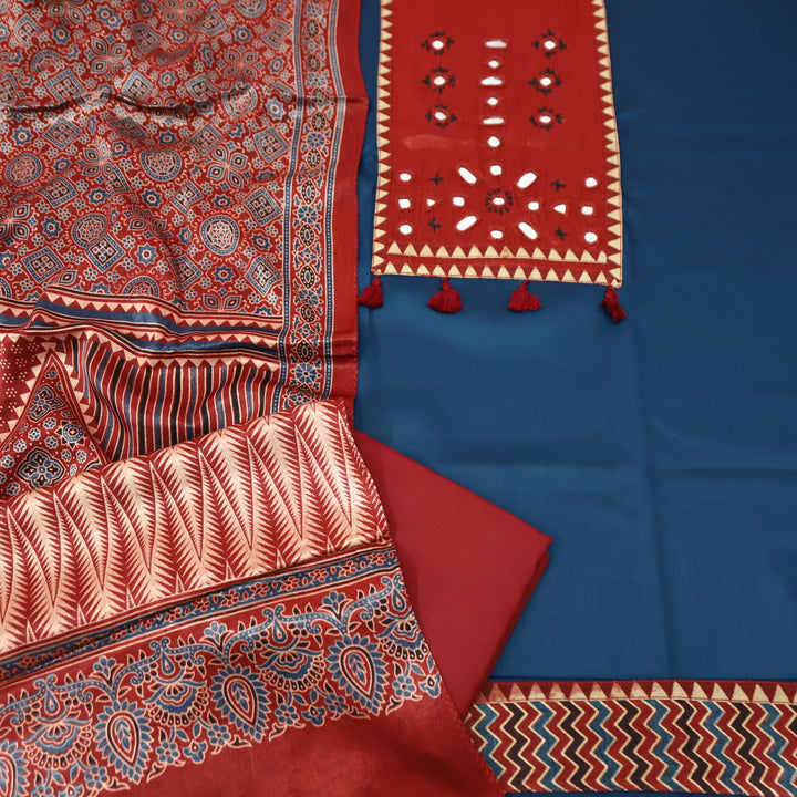 Yamuna Denim Blue and Red Mirror Work Patch with Hanging Glazed Cotton Suit Set