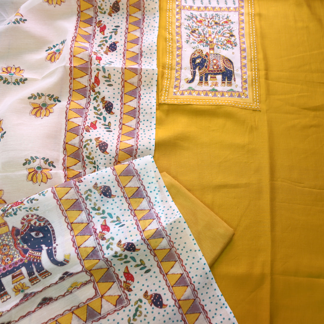 Samara Turmeric Yellow with Gajj Madhubani Print and Patra Yoke Modal Suit Set