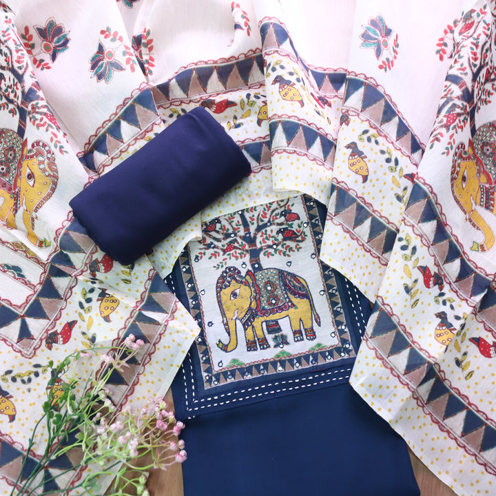 Samara Unifrom Dark Blue with Gajj Madhubani Print and Patra Yoke Modal Suit Set