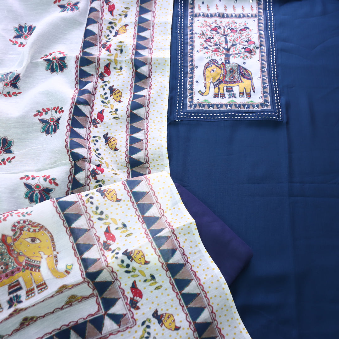 Samara Unifrom Dark Blue with Gajj Madhubani Print and Patra Yoke Modal Suit Set