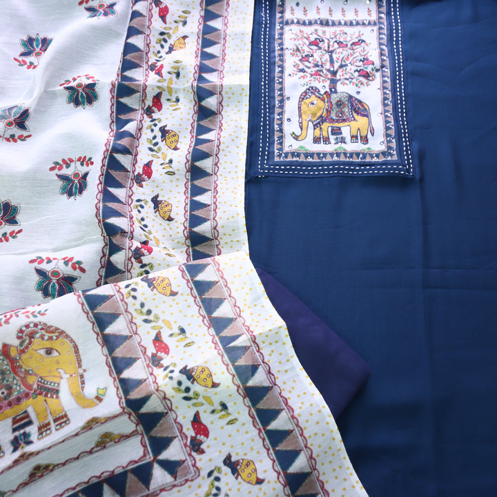 Samara Unifrom Dark Blue with Gajj Madhubani Print and Patra Yoke Modal Suit Set