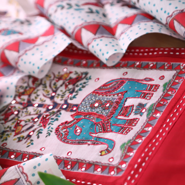 Samara Gulal Red with Gajj Madhubani Print and Patra Yoke Modal Suit Set