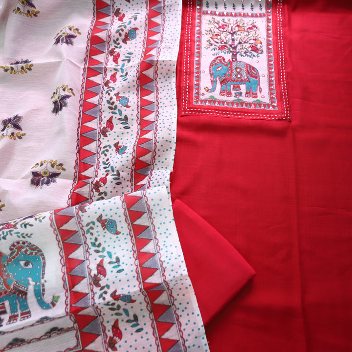 Samara Gulal Red with Gajj Madhubani Print and Patra Yoke Modal Suit Set