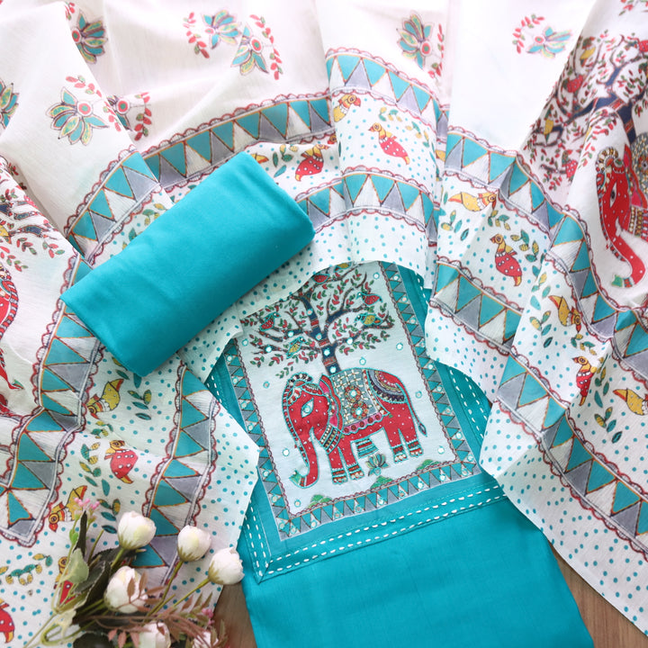 Samara Aqua Sky Blue with Gajj Madhubani Print and Patra Yoke Modal Suit Set