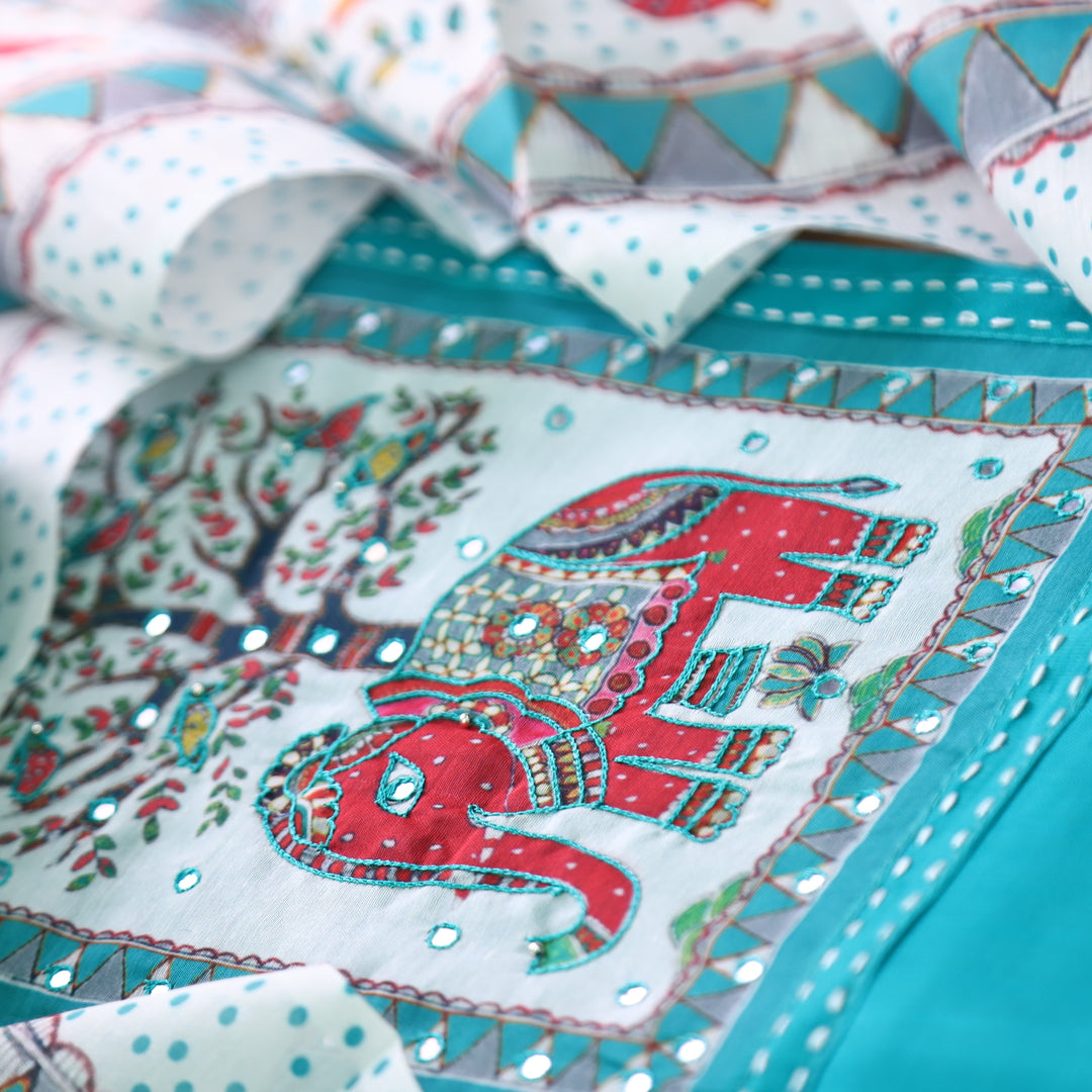 Samara Aqua Sky Blue with Gajj Madhubani Print and Patra Yoke Modal Suit Set