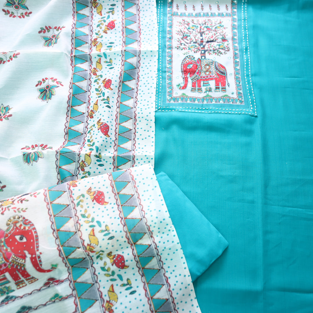 Samara Aqua Sky Blue with Gajj Madhubani Print and Patra Yoke Modal Suit Set