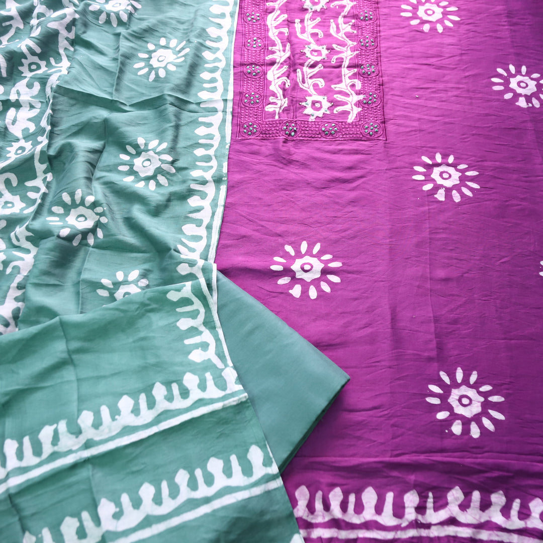 Sulari Vibrant Purple with French Knot Work in Batik Print Neck Chanderi Suit Set