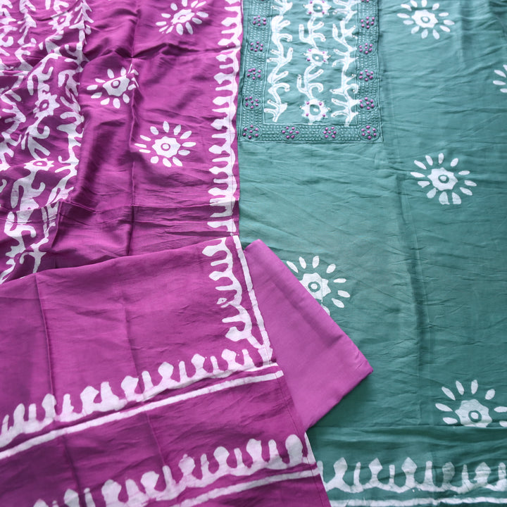 Sulari Dark Sage with French Knot Work in Batik Print Neck Chanderi Suit Set