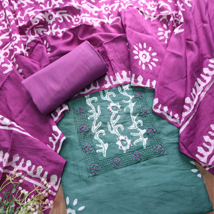 Sulari Dark Sage with French Knot Work in Batik Print Neck Chanderi Suit Set