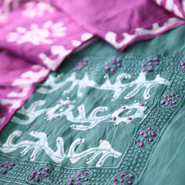 Sulari Dark Sage with French Knot Work in Batik Print Neck Chanderi Suit Set