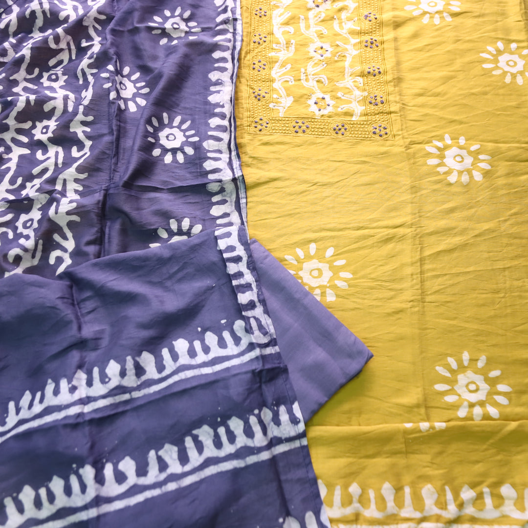 Sulari Dijon Yellow with French Knot Work in Batik Print Neck Chanderi Suit Set