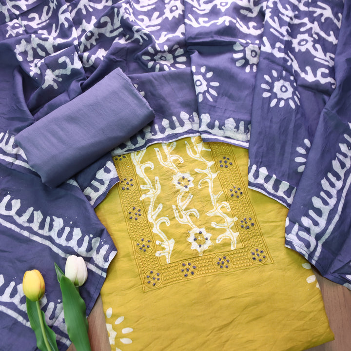 Sulari Dijon Yellow with French Knot Work in Batik Print Neck Chanderi Suit Set