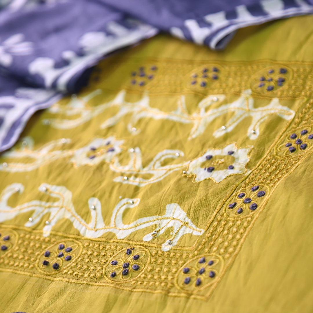 Sulari Dijon Yellow with French Knot Work in Batik Print Neck Chanderi Suit Set