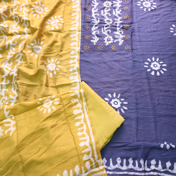 Sulari Purplish Blue with French Knot Work in Batik Print Neck Chanderi Suit Set