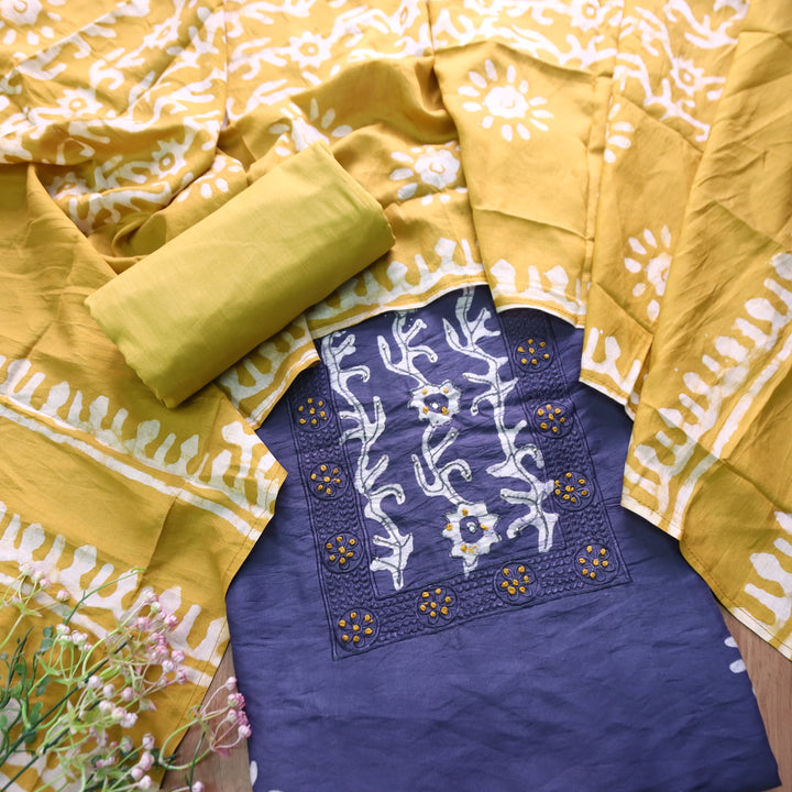Sulari Purplish Blue with French Knot Work in Batik Print Neck Chanderi Suit Set