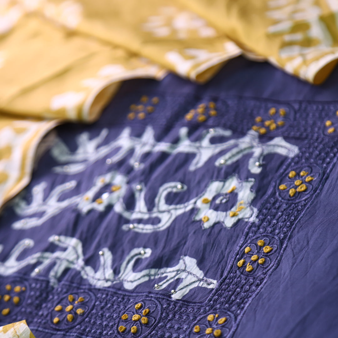 Sulari Purplish Blue with French Knot Work in Batik Print Neck Chanderi Suit Set