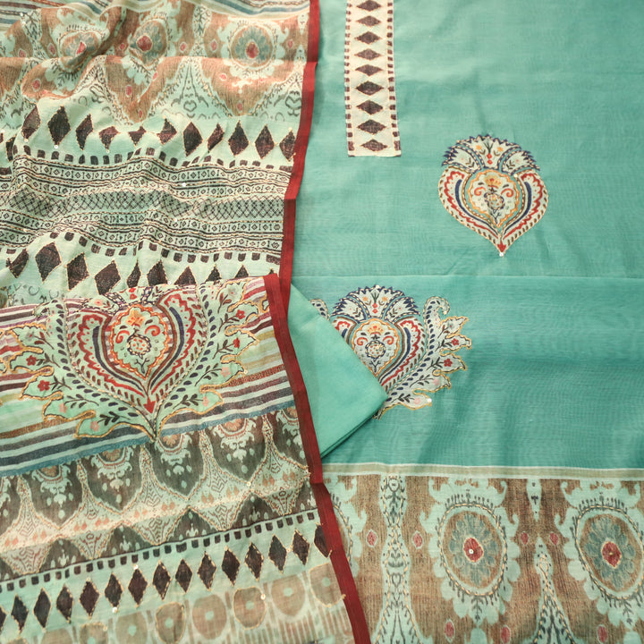 Humsafar Sea Form Green with Kantha Embroidery Neck Work Chanderi Suit Set