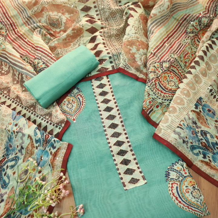 Humsafar Sea Form Green with Kantha Embroidery Neck Work Chanderi Suit Set