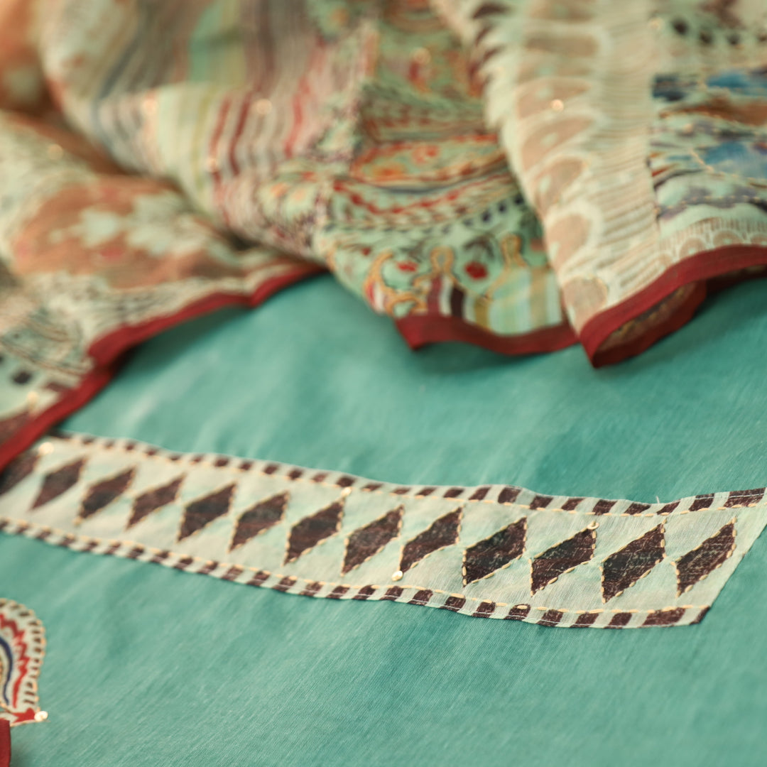 Humsafar Sea Form Green with Kantha Embroidery Neck Work Chanderi Suit Set
