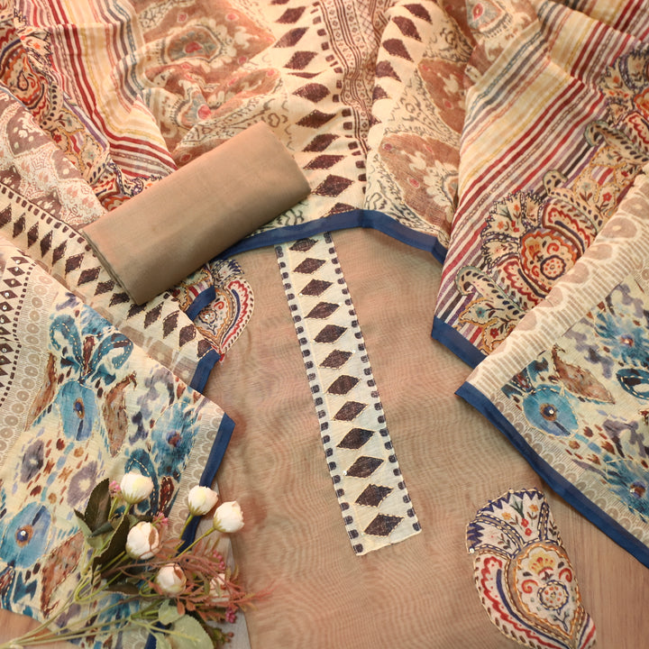 Humsafar Coconut Brown with Kantha Embroidery Neck Work Chanderi Suit Set