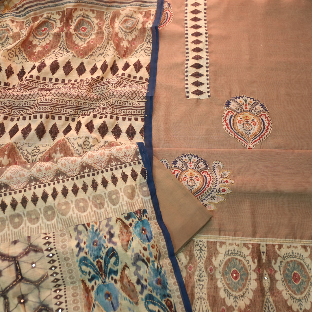 Humsafar Coconut Brown with Kantha Embroidery Neck Work Chanderi Suit Set