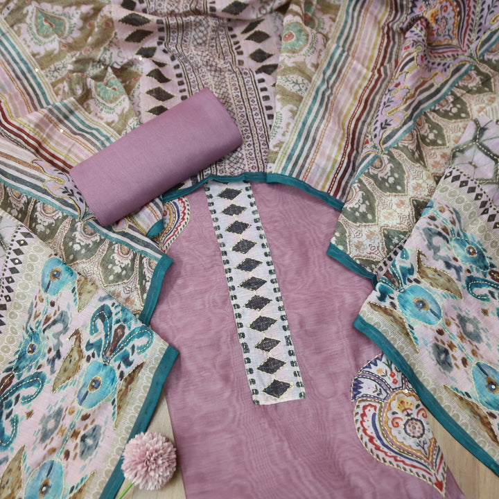 Humsafar Lilly Lilac with Kantha Embroidery Neck Work Chanderi Suit Set
