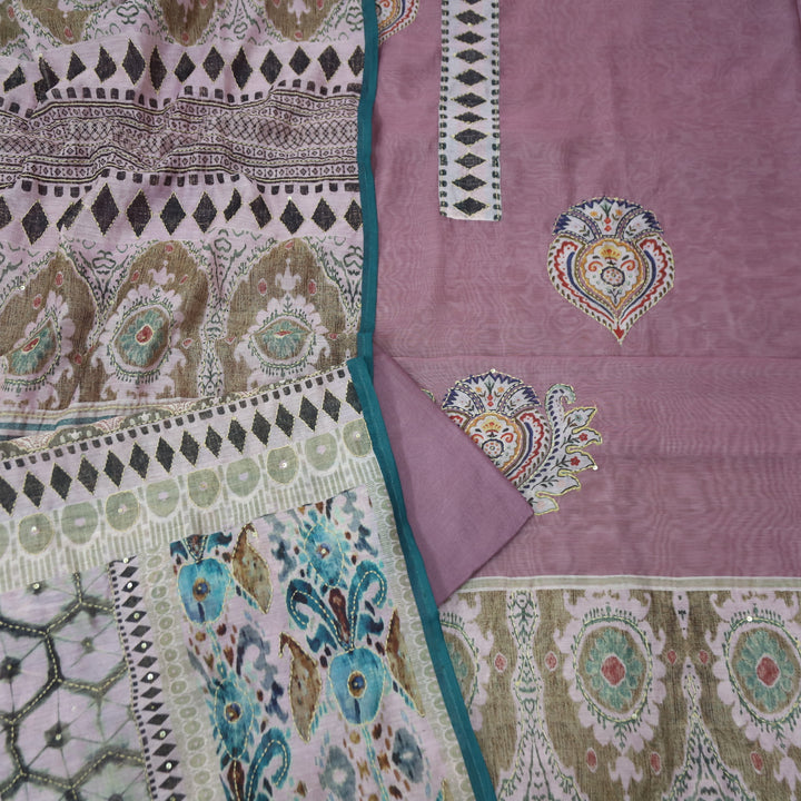 Humsafar Lilly Lilac with Kantha Embroidery Neck Work Chanderi Suit Set