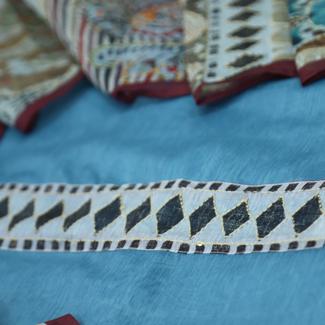 Humsafar Sapphire Blue with Kantha Embroidery Neck Work Chanderi Suit Set