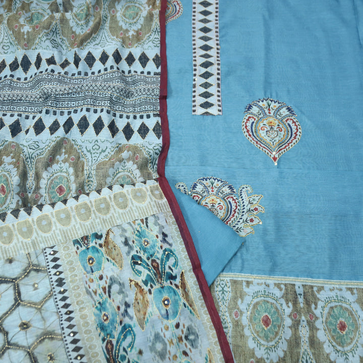 Humsafar Sapphire Blue with Kantha Embroidery Neck Work Chanderi Suit Set