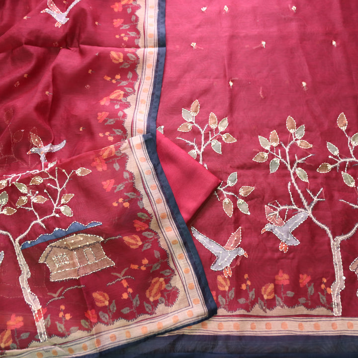 Roopsohni Cranberry Maroon Kantha Embroidery Hem Work Chanderi Suit Set