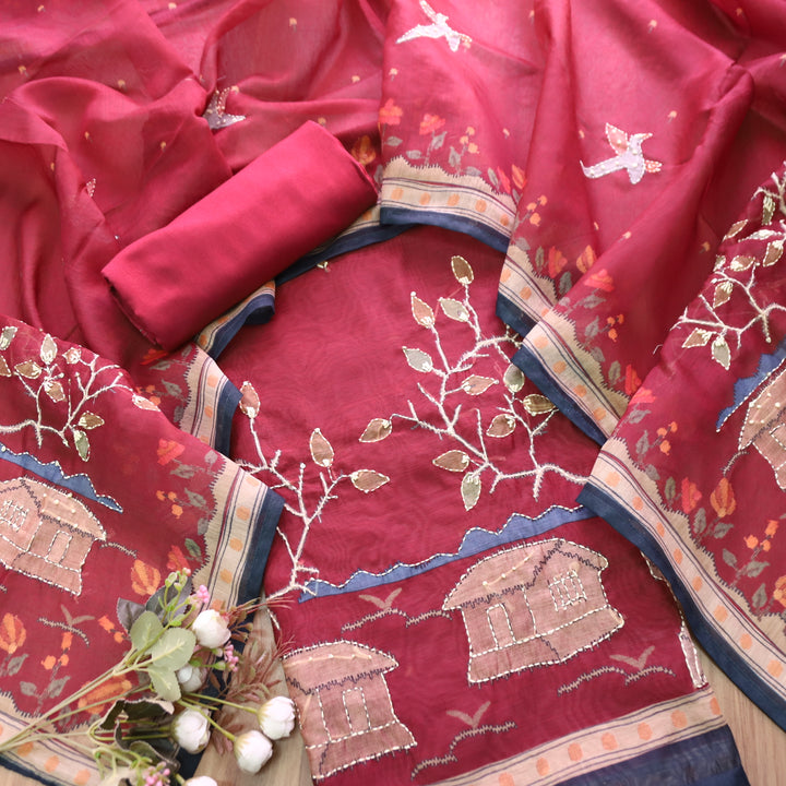 Roopsohni Cranberry Maroon Kantha Embroidery Hem Work Chanderi Suit Set