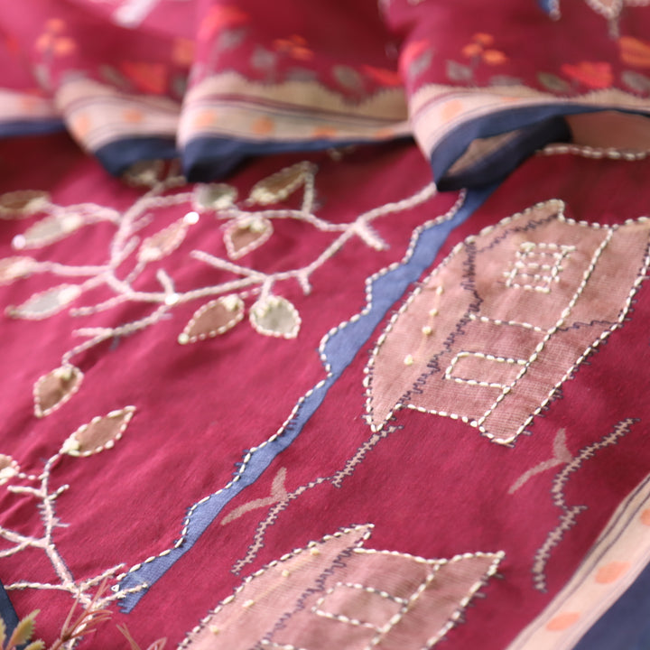 Roopsohni Cranberry Maroon Kantha Embroidery Hem Work Chanderi Suit Set