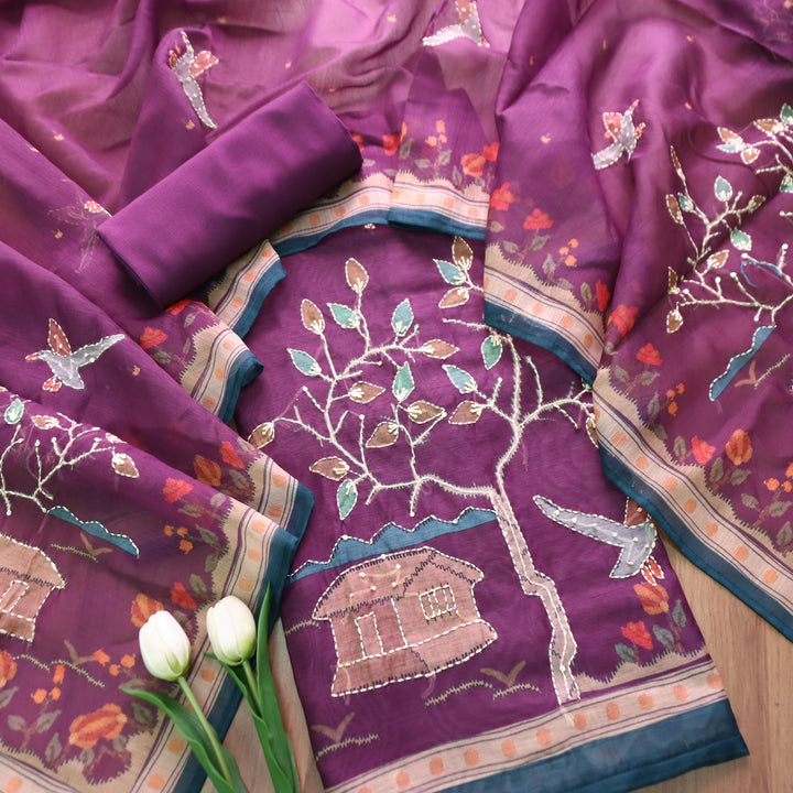Roopsohni Vibrant Purple Kantha Embroidery Hem Work Chanderi Suit Set